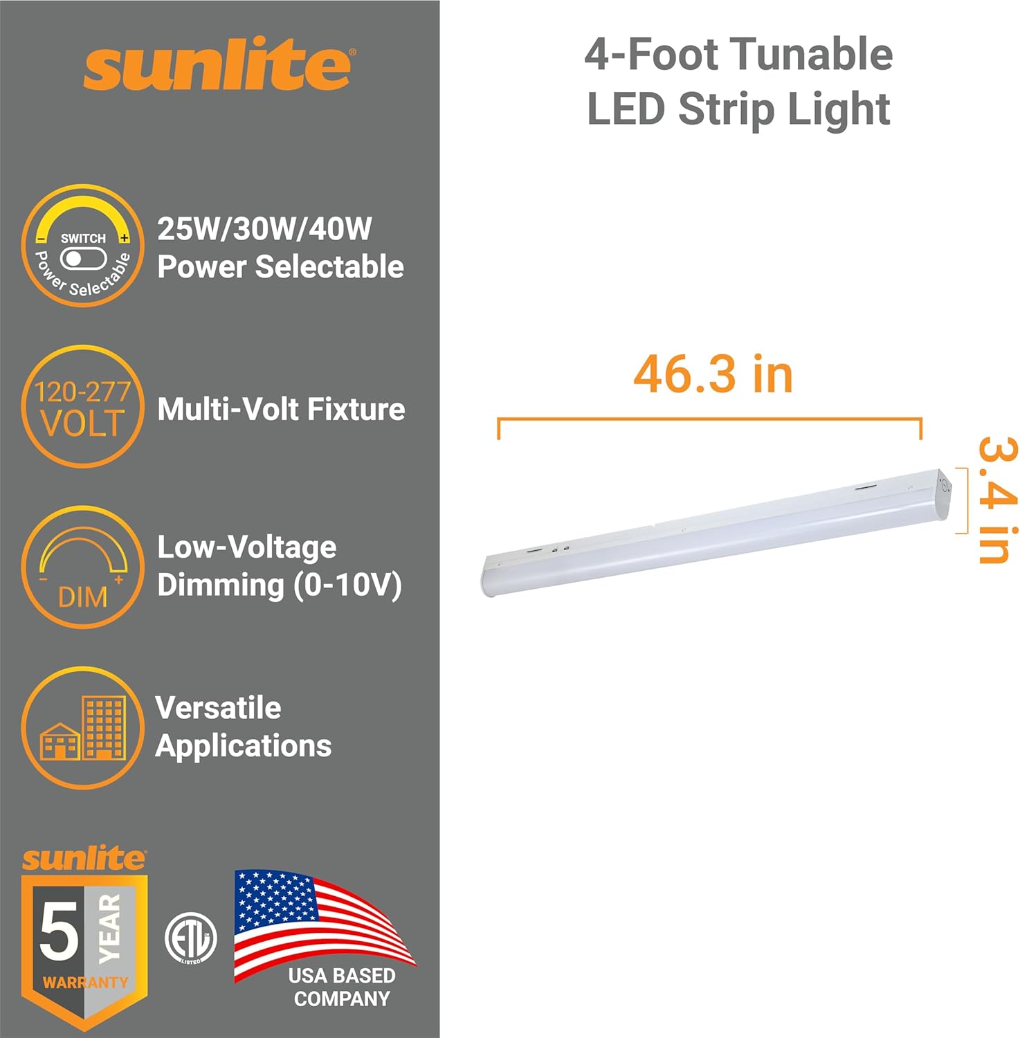 Sunlite 85467 – Tira de luz LED de 4 pies, seleccionable de potencia 25 W30 W40 W, multivoltio, 325039005200 lúmenes, seleccionable por color