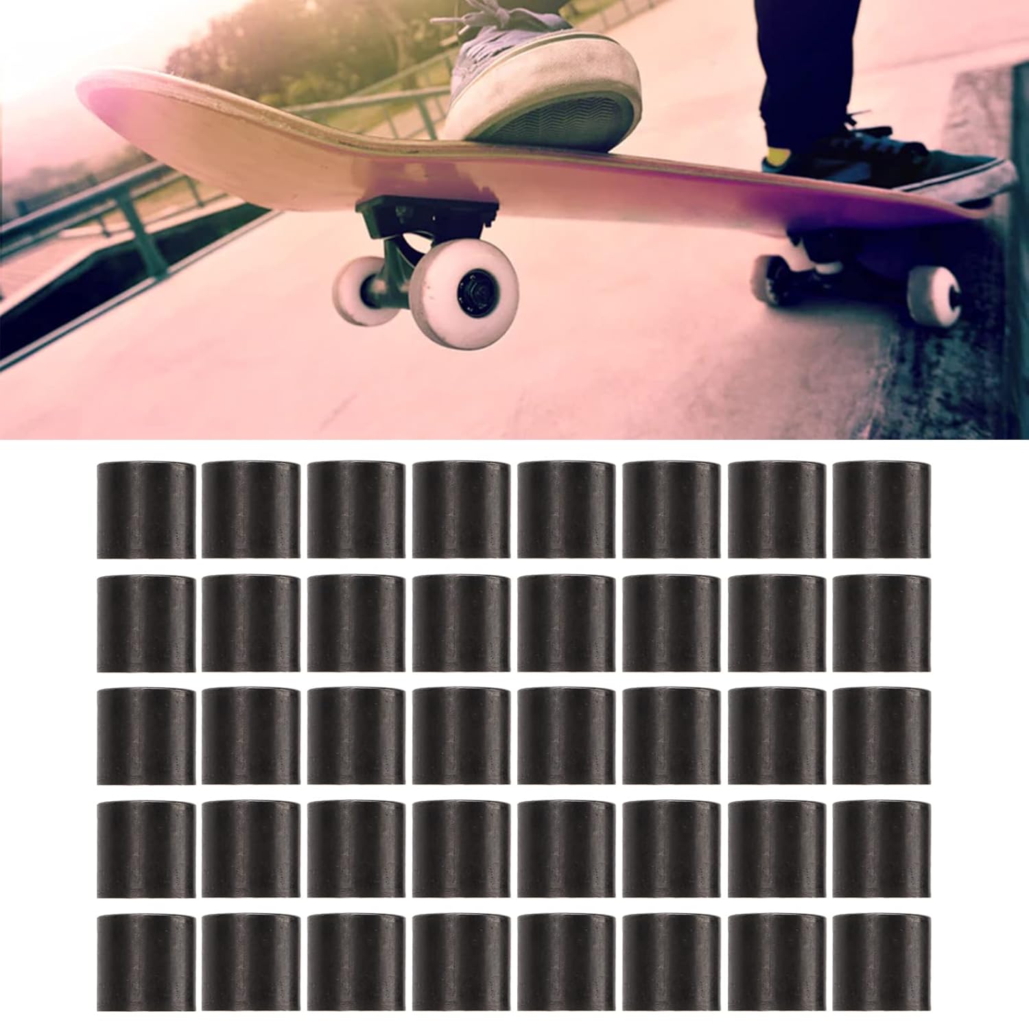 Juego de 40 rodamientos de longboard, espaciadores de rodamientos para monopatines y longboards, reparación de monopatines (negro)