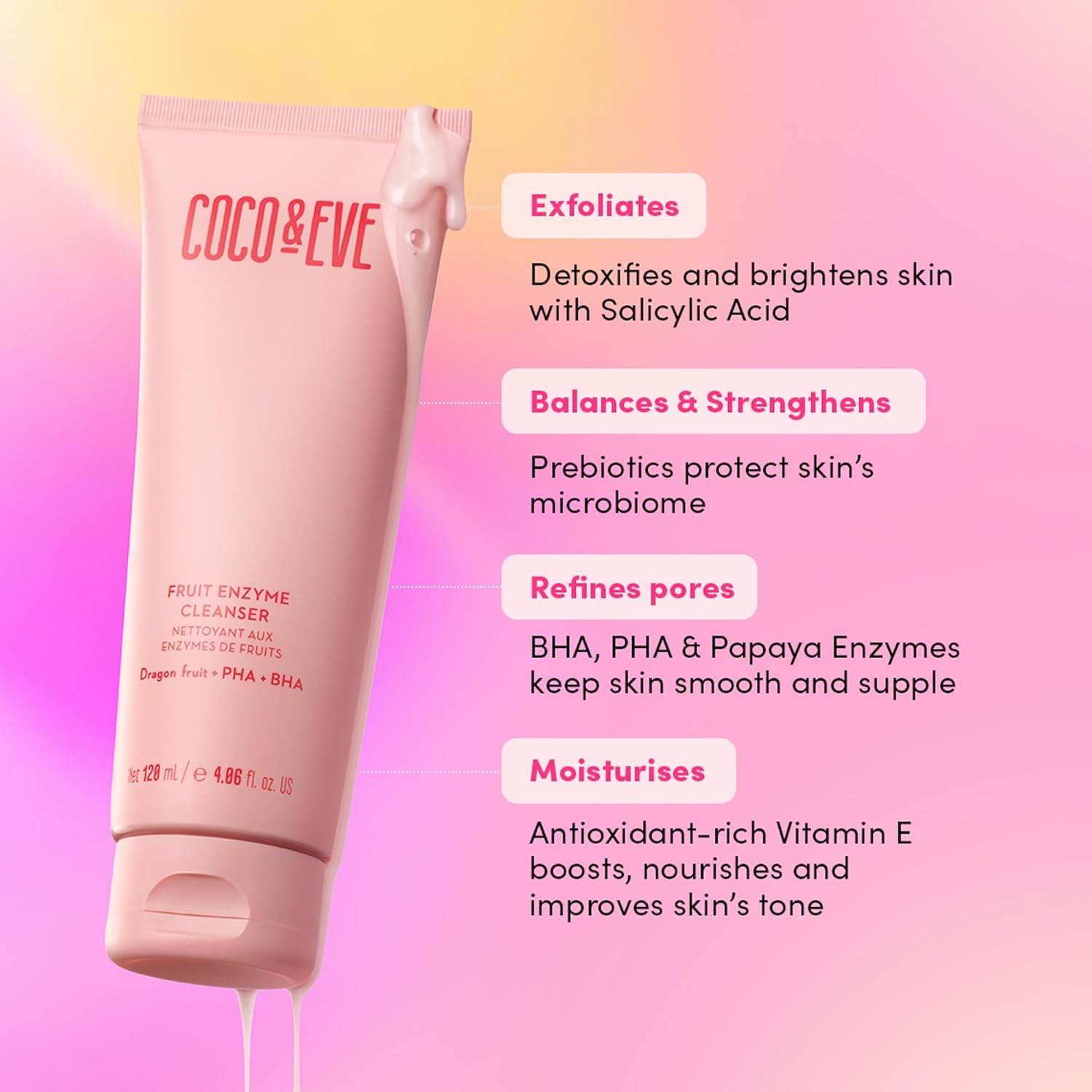 Coco & Eve Limpiador enzimático de frutas. Limpiador suave a base de agua para tez radiante. Refina los poros, exfolia y humedece la piel. BHA,