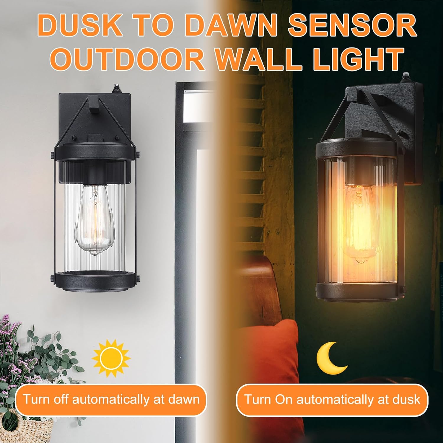 LONEDRUID Paquete de 2 lámparas de pared para exteriores, con sensor de anochecer a amanecer, farol negro para porche exterior, impermeable, montaje