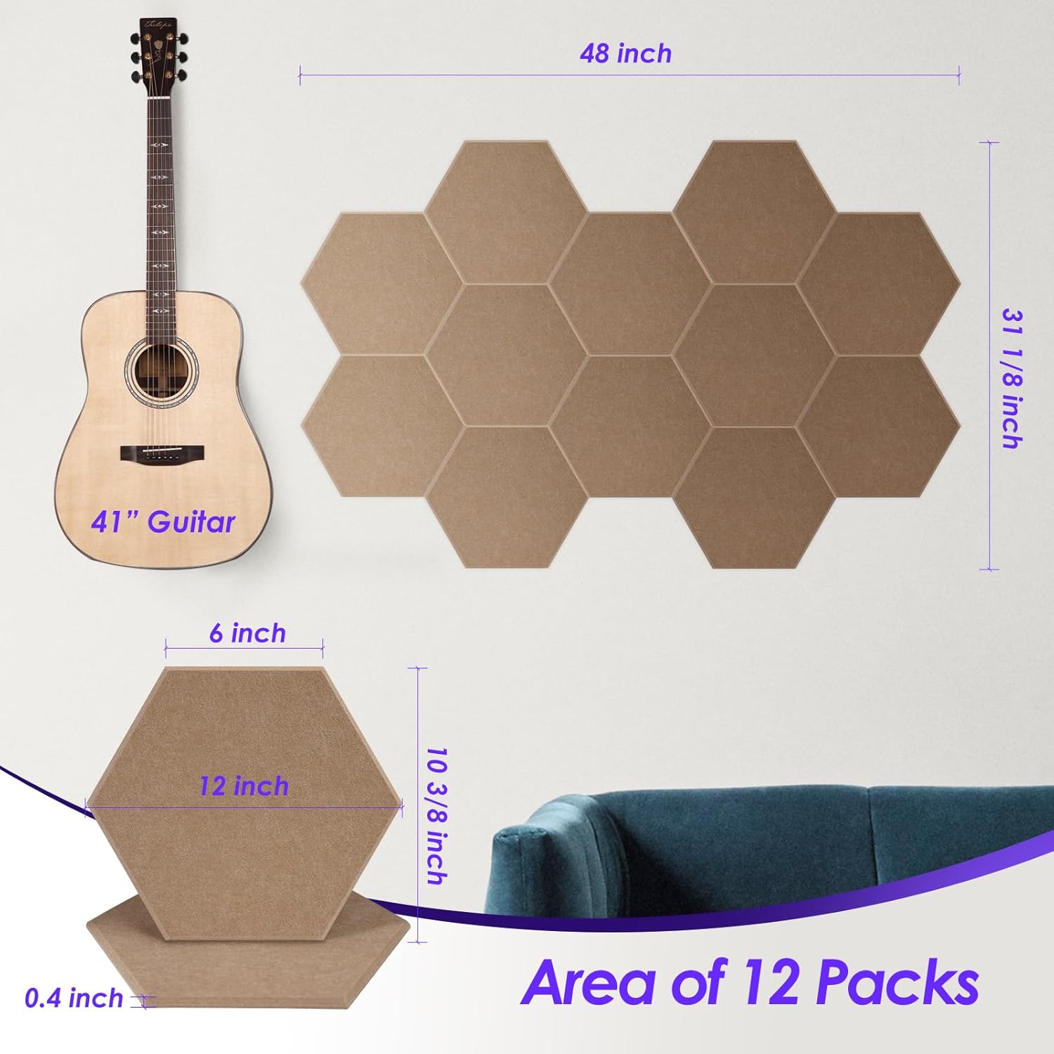Paquete de 12 paneles acústicos autoadhesivos insonorizados hexagonales, 14 x 12 x 0.4 pulgadas, paneles de pared acústicos de alta densidad para