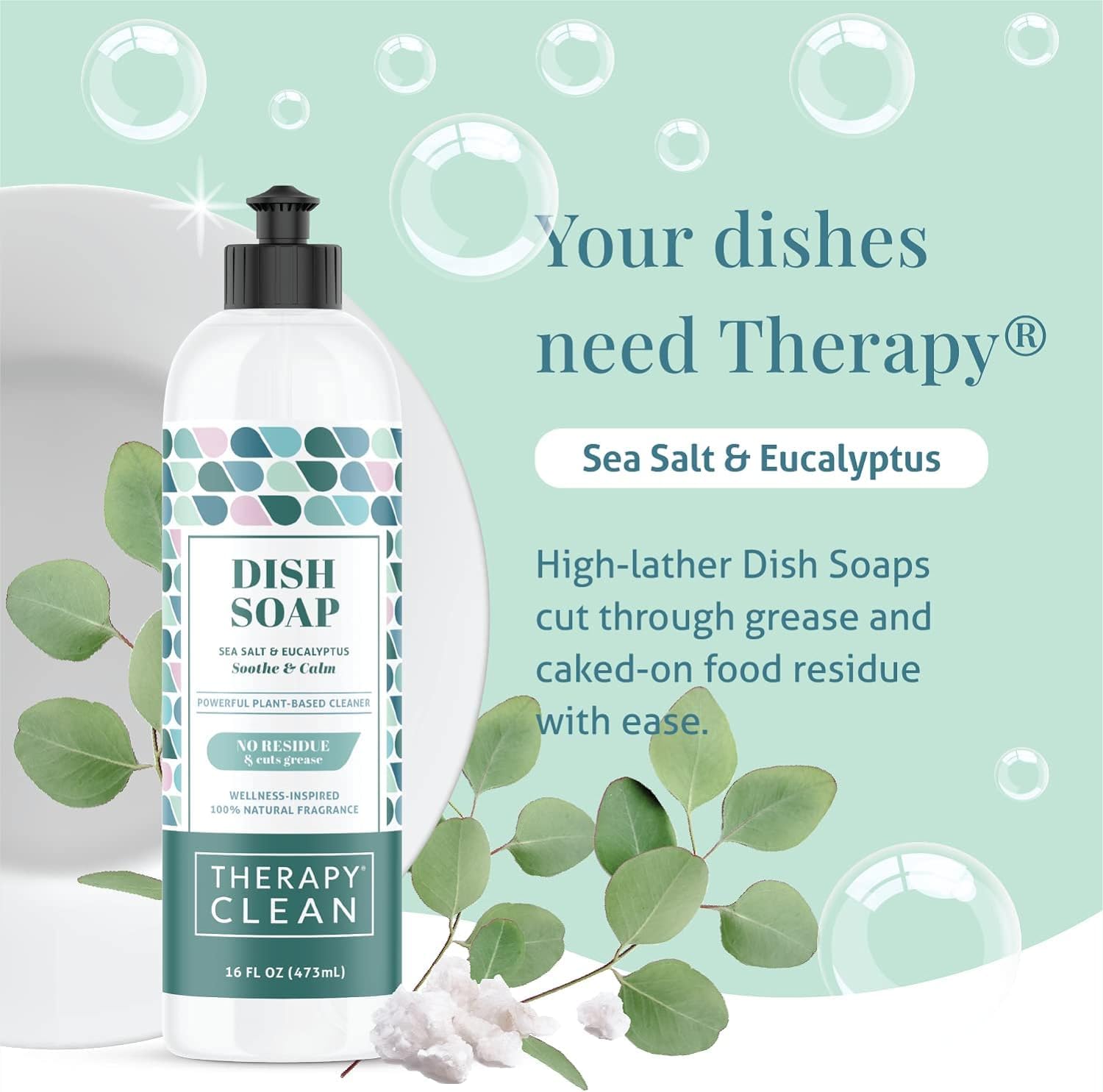 Therapy Clean – Jabón para platos, fragancia 100% natural, líquido para lavar platos a base de plantas (Sal marina y eucalipto (calma y calma), 16