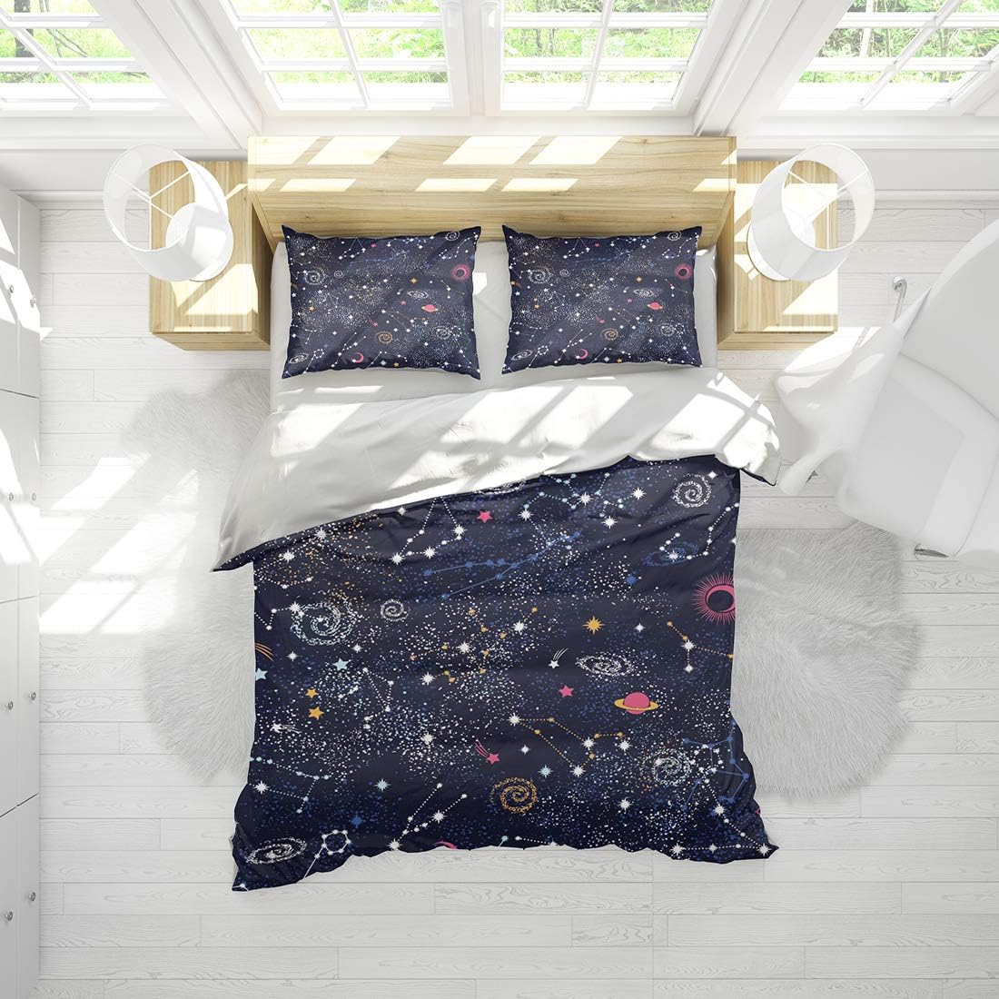 SHOMPE Juego de ropa de cama tamaño Queen con diseño de constelación del universo, estrellas y galaxia, planetas, con 2 fundas de almohada con
