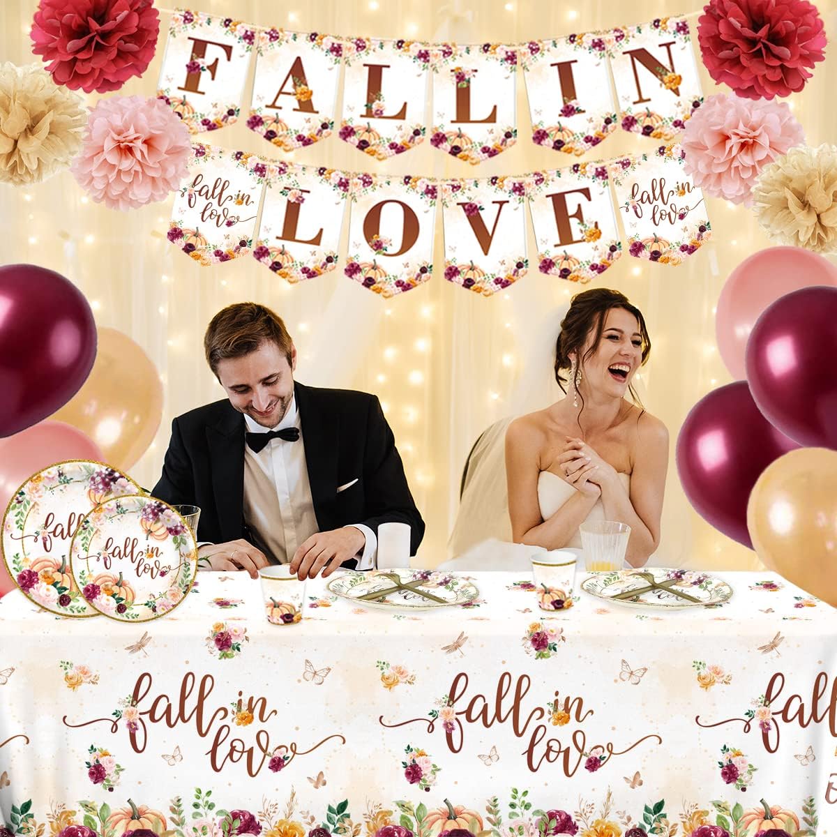 Juego de decoraciones de fiesta de otoño con diseño floral de calabaza, incluye manteles de otoño, plato de cena de enamoramiento, globos bohemios,