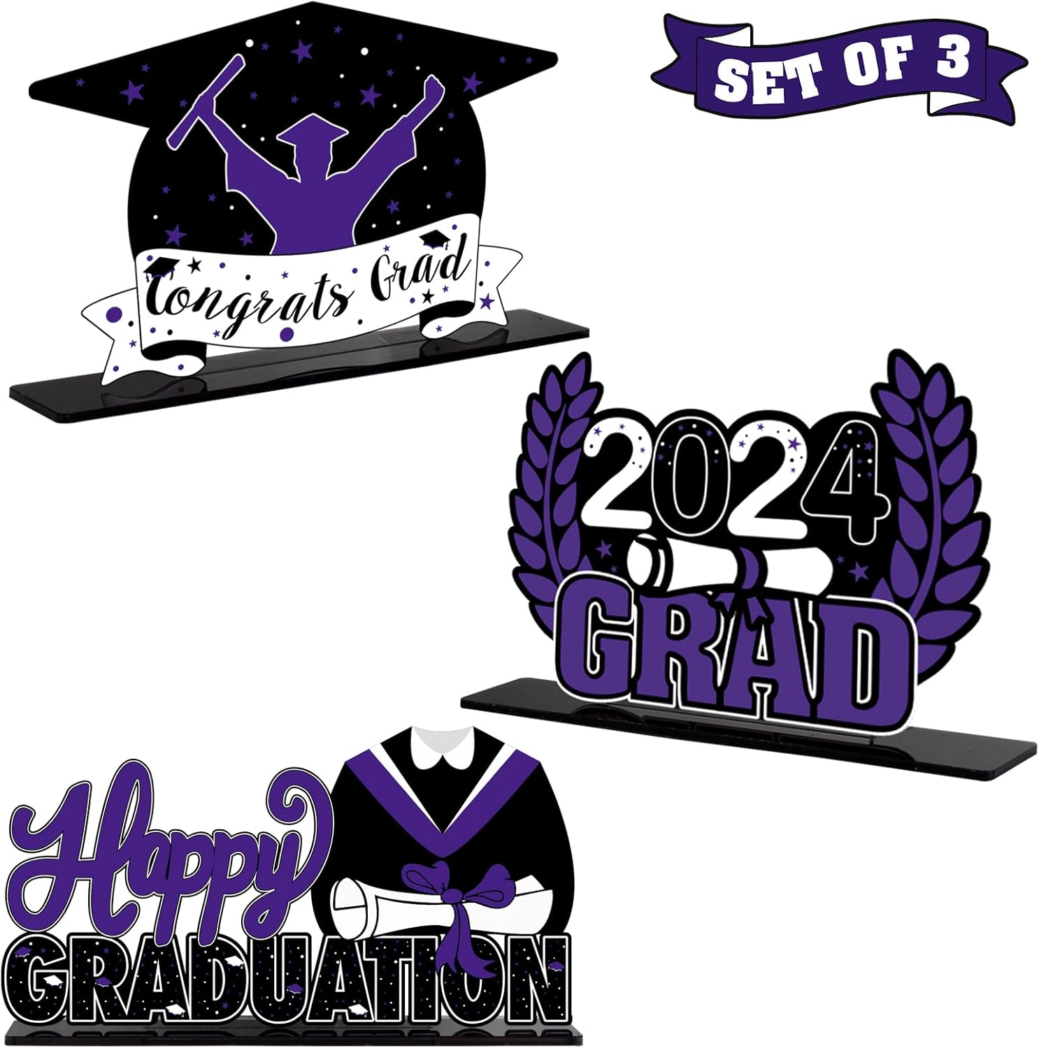 Decoraciones de fiesta de graduación de clase 2023 3 piezas de felicitaciones 2023 de graduación escolar de acrílico morado para centros de mesa de