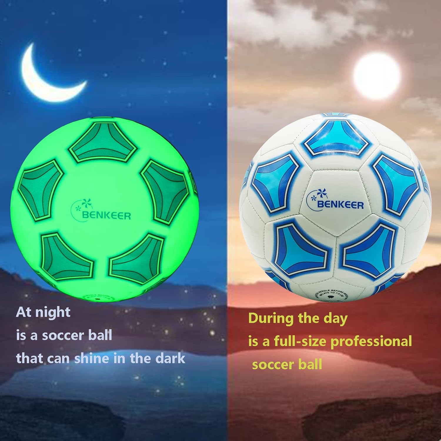 Benkeer Balones de fútbol que brillan en la oscuridad, tamaño 345, regalos de fútbol para niños, jóvenes y adultos, pelotas de fútbol tradicionales