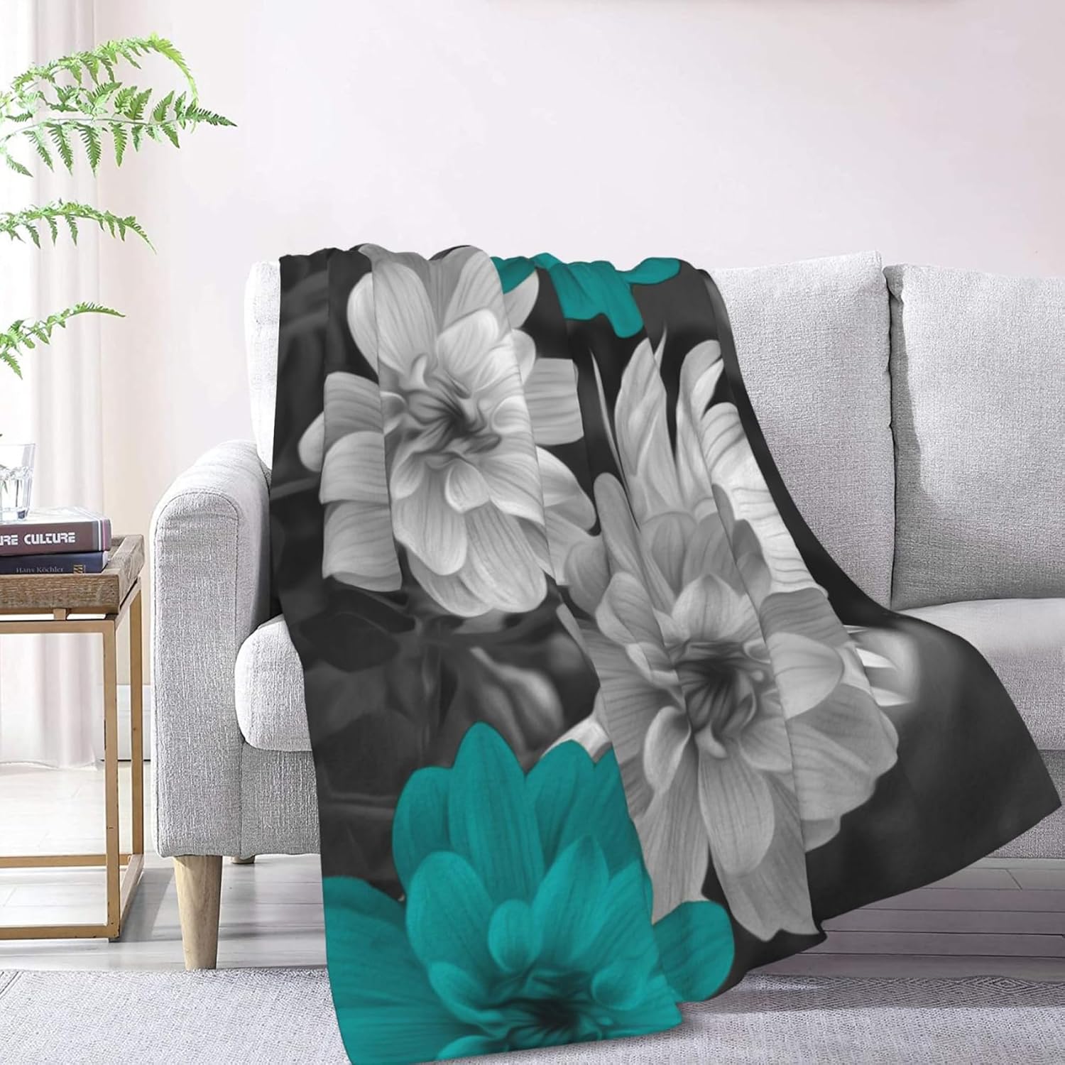 Manta floral gris verde azulado, manta de flores verde azulado para sofá cama, manta suave y mullida de franela verde azulado para cama, sofá,