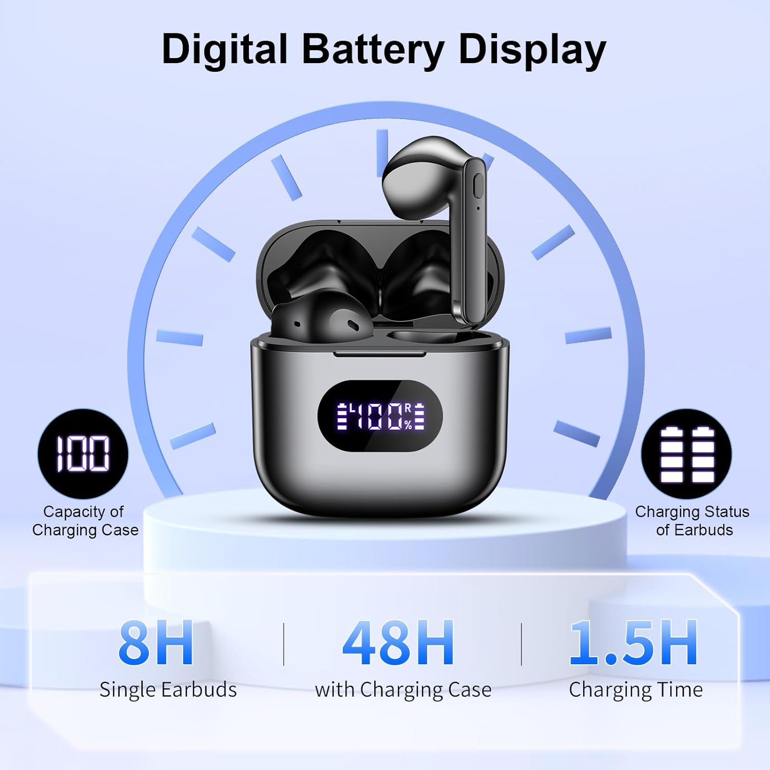 Auriculares inalámbricos, auriculares Bluetooth V5.3, auriculares con batería de 48 horas de larga duración pantalla de alimentación LED, bajo