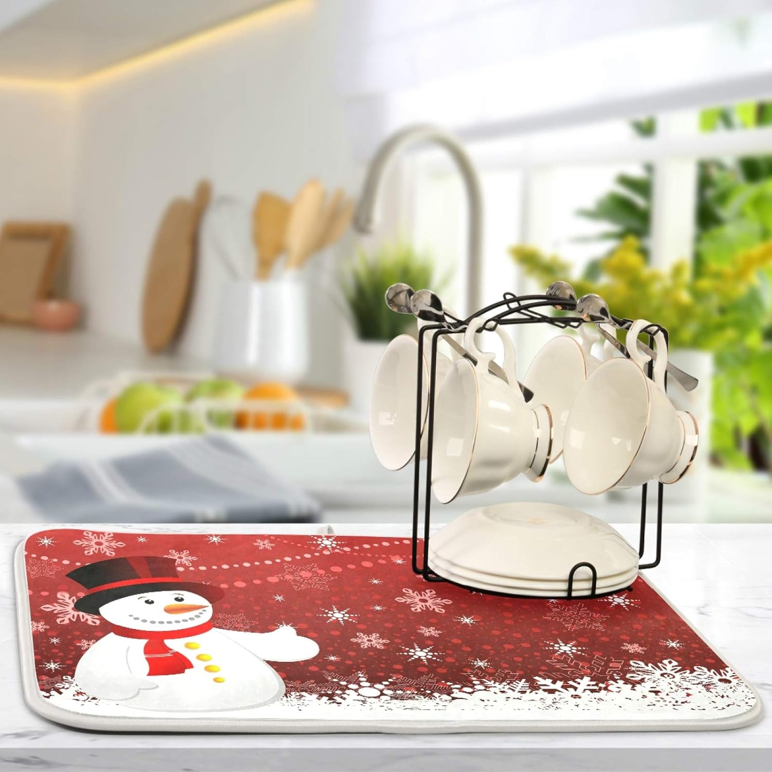 Tapete de secado de platos de copos de nieve de Navidad, muñeco de nieve, muñeco de nieve, 16 x 18 pulgadas, muñecos de nieve de Navidad,