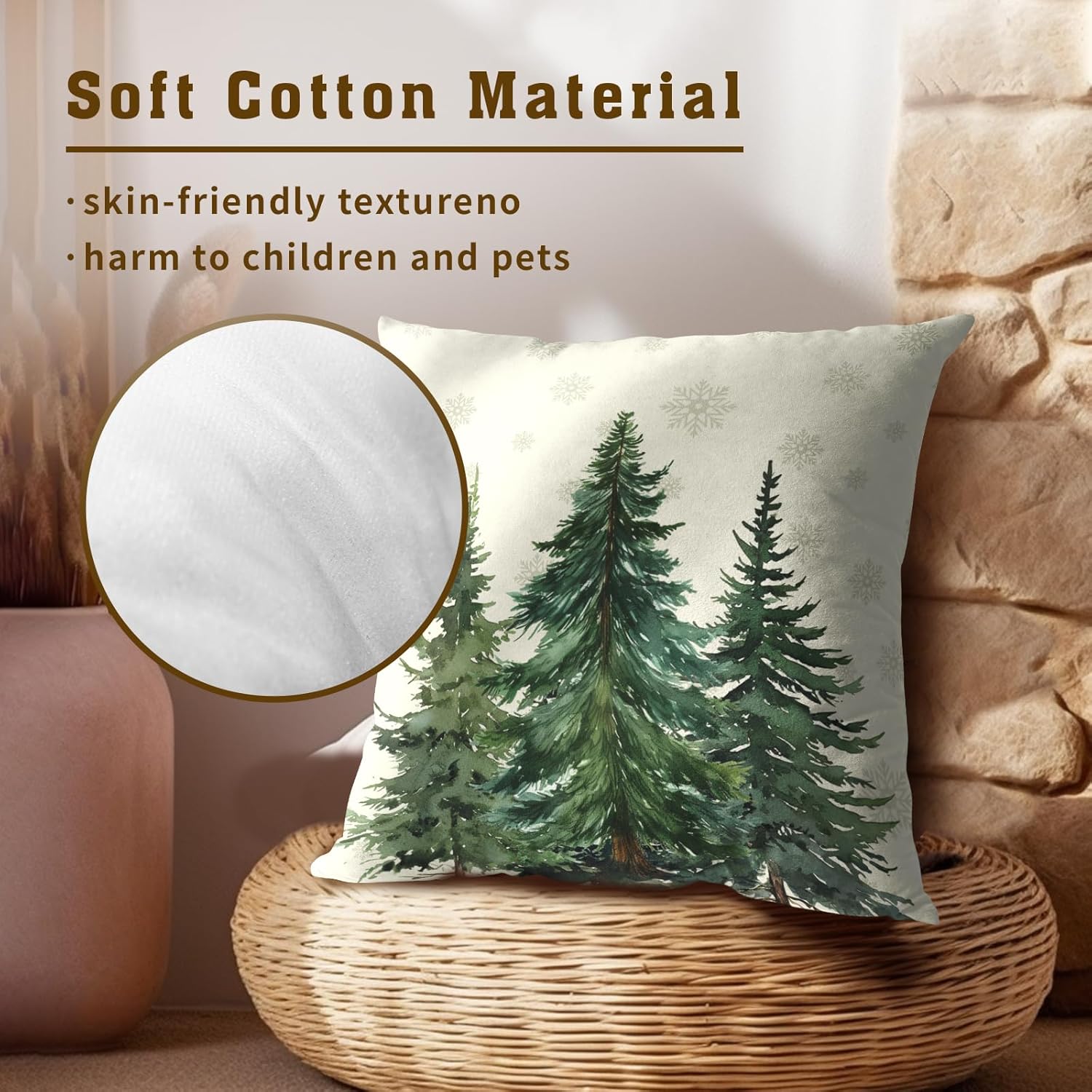 Juego de 2 fundas de almohada de bosque de pinos de 22 x 22 pulgadas, color verde nieve, cedro y abeto beige, fundas decorativas de invierno para
