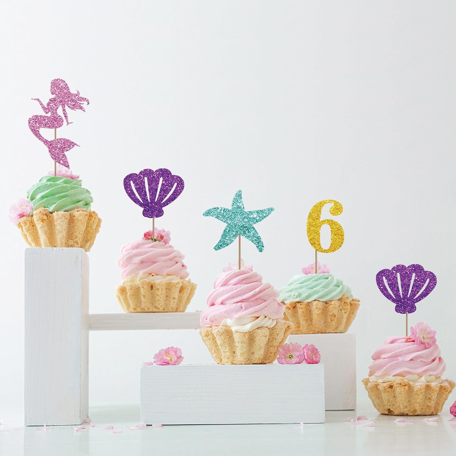 24 decoraciones de sirena para cupcakes de 6 cumpleaños, decoración de 6 magdalenas de sirena con purpurina rosa y dorada, decoración de pastel de
