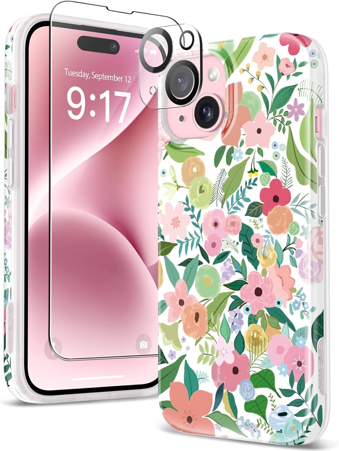 GVIEWIN Funda floral para iPhone 15, con protector de pantalla y protector de lente de cámara, protección contra caídas de grado militar de 10 pies