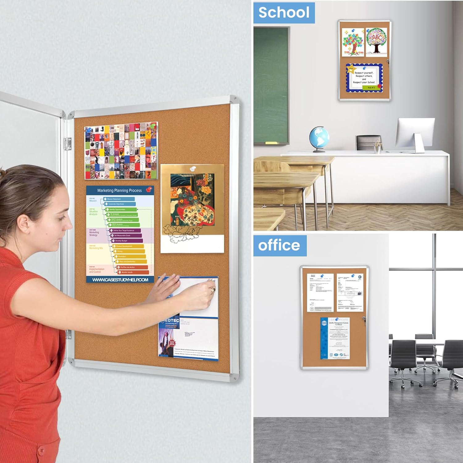 Tablero de anuncios de corcho cerrado grueso de 36 x 24 pulgadas (9 x A4), marco de aluminio, tablero de anuncios con cerradura resistente a los