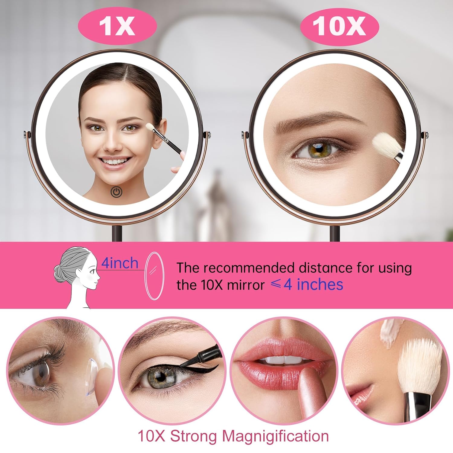 LOVESPEJO Espejo de maquillaje, espejo de aumento recargable de 8 pulgadas con luz, 1x10x rotación de 360, espejo de maquillaje iluminado, espejo de