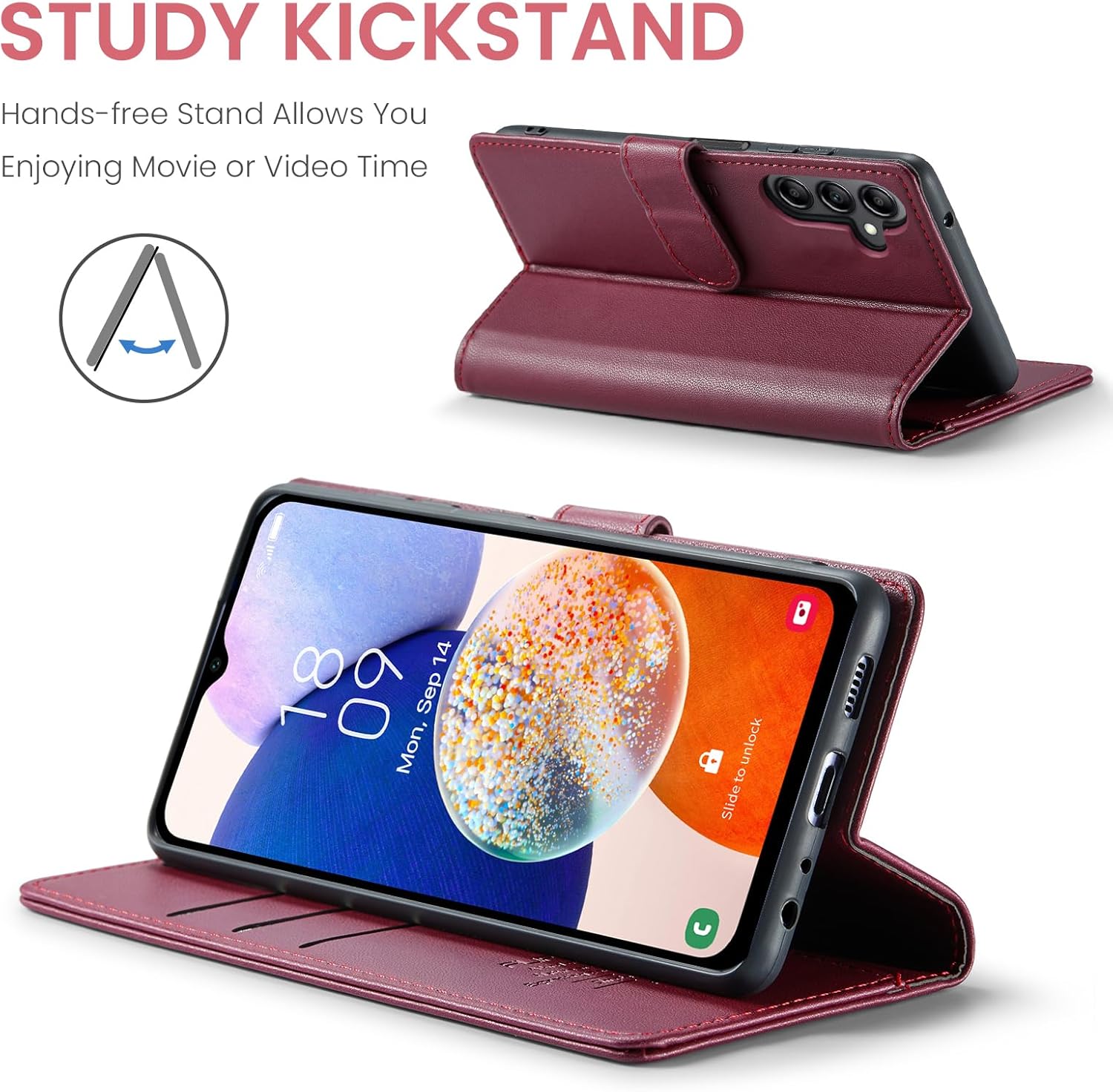 FLIPALM Funda tipo cartera para Samsung Galaxy A14 5G con bloqueo RFID, soporte para tarjeta de crédito, de piel sintética, función atril, funda