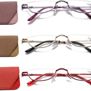 Gafas de lectura de medio marco para mujeres y hombres, lentes de media luna, lentes de metal para lectores de lente de media luna, paquete de 3 Gafas de lectura de medio marco para mujeres y hombres, lentes de media luna, lentes de metal para lectores de lente de media luna, paquete de 3