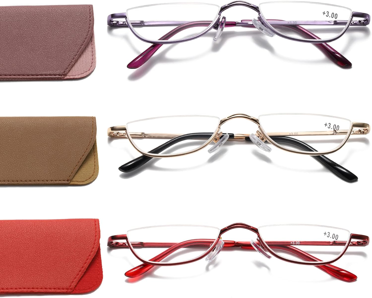 Gafas de lectura de medio marco para mujeres y hombres, lentes de media luna, lentes de metal para lectores de lente de media luna, paquete de 3