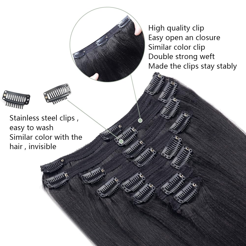 Lysilf Yaki – Extensiones de cabello lacio con clip para mujeres negras, cabello humano virgen brasileño, lacio, con clip, 8 piezas con 18 clips,