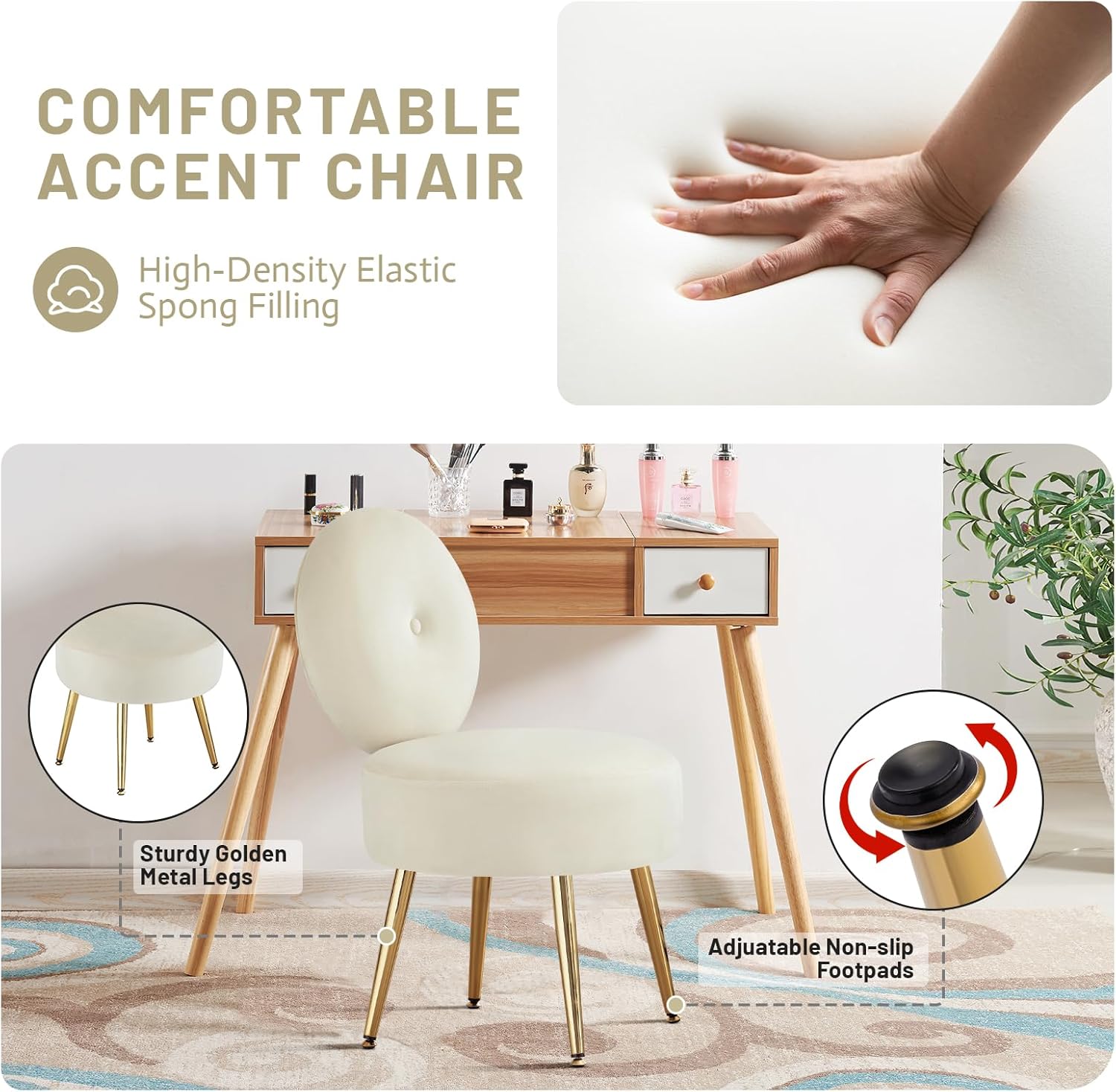 Furniliving Silla de tocador sin brazos para sala de maquillaje, taburete de tocador de terciopelo con respaldo, silla de sala de estar con patas de