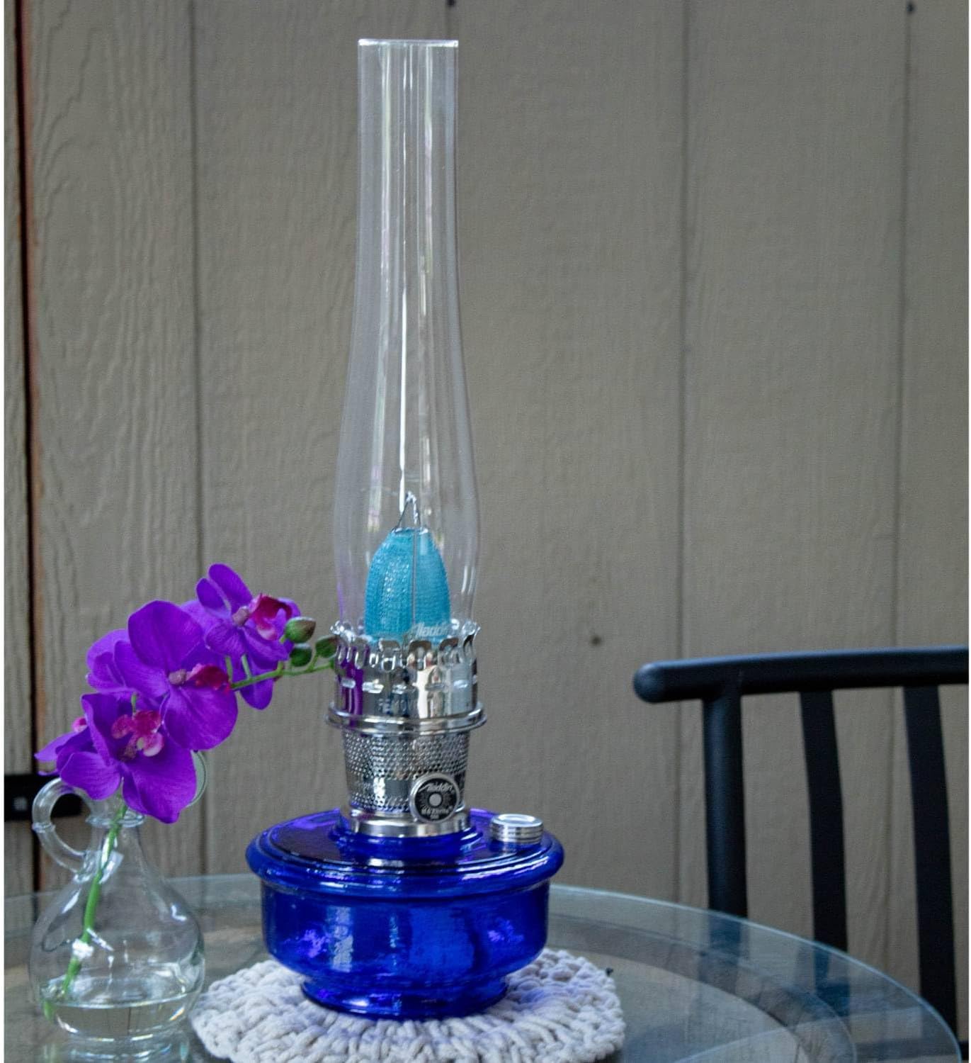 Aladdin Genie III – Lámpara de aceite, iluminación de emergencia interior para estante, mesa o colgante, cuenco de vidrio azul cobalto con quemador