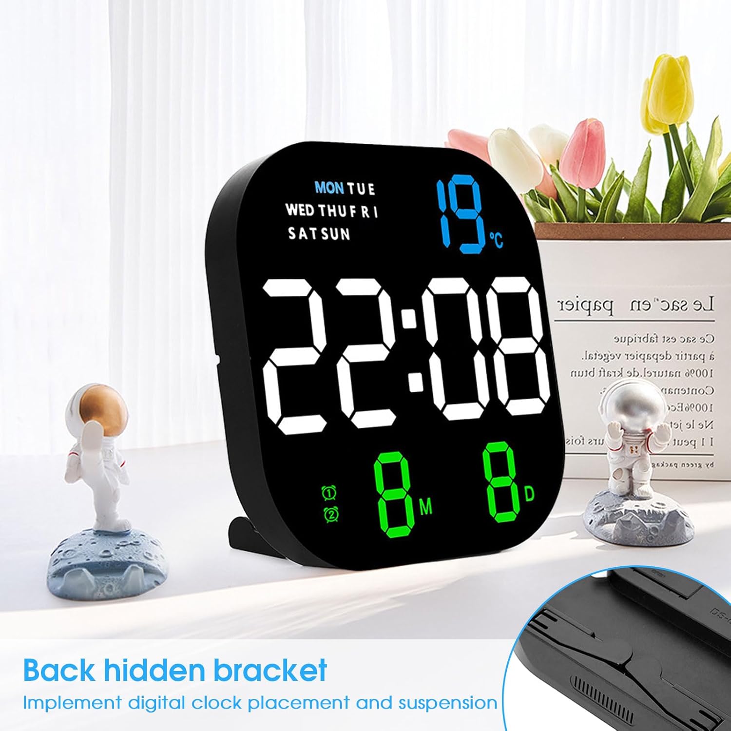 Reloj de pared digital con control remoto, reloj de pared de brillo ajustable con números gigantes, reloj despertador, temporizador, temperatura y