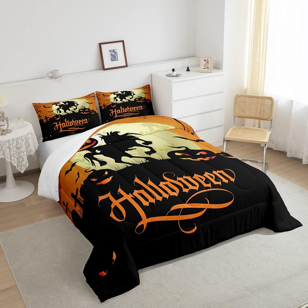 Erosebridal Juego de ropa de cama con temática de Halloween, tamaño King, Kawaii, calabaza, murciélagos, juegos de ropa de cama con estampado de