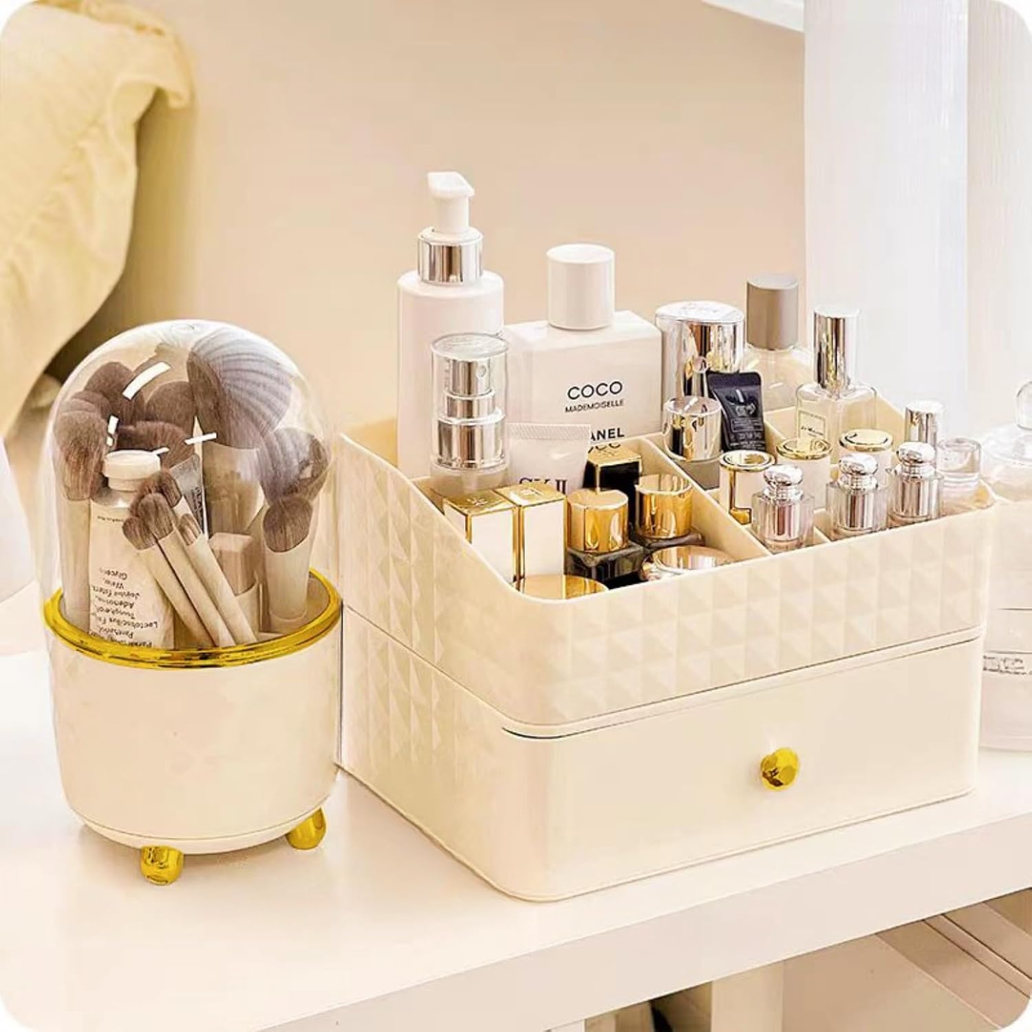 Organizador de maquillaje con cajones apilables, organizador de cosméticos de gran capacidad con soporte para cepillos, vitrina apilable de