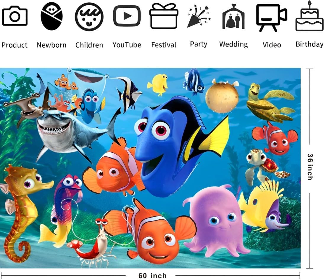 Finding Nemo – Decoraciones de cumpleaños con texto en inglés Buscando a Dory con texto en inglés Finding Nemo (5 x 3 pies)