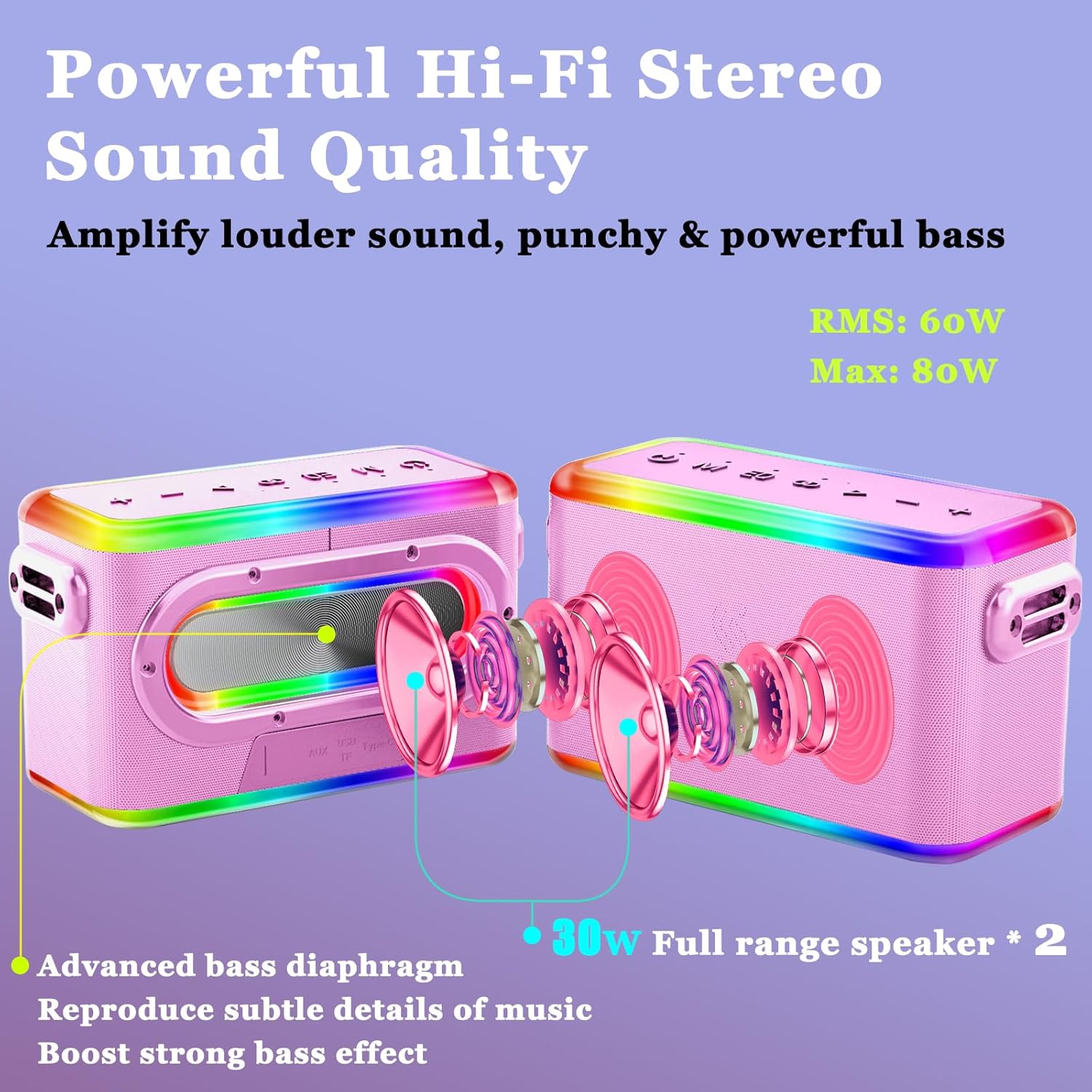 Altavoz de reverberación de 80 W, máquina de karaoke inalámbrica BT con 2 micrófonos, sistema PA alimentado por batería para adultosniños, fiesta en