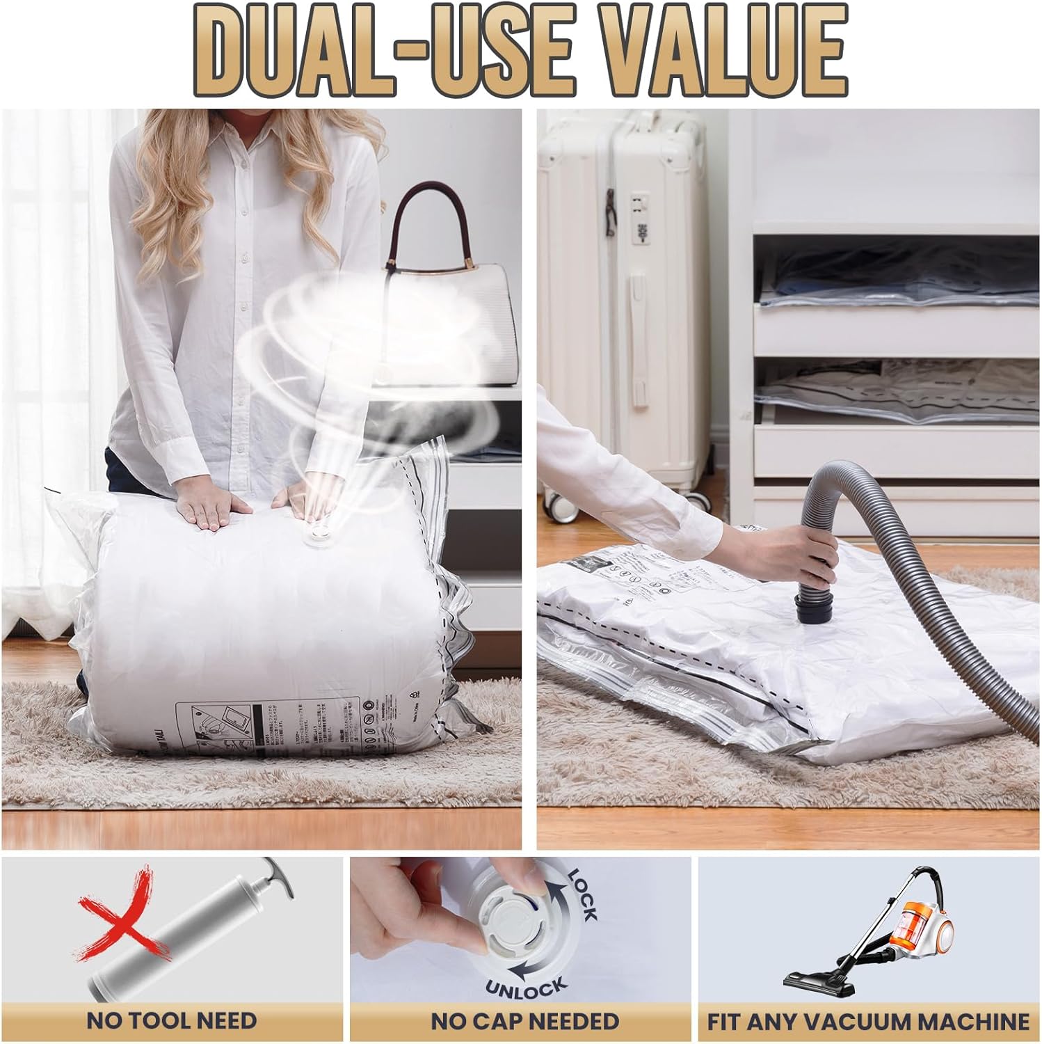 TAILI Cremallera lateral larga  6 bolsas de almacenamiento al vacío extra grandes para ropa de cama para toallas, mantas, almohadas o ropa, bolsas