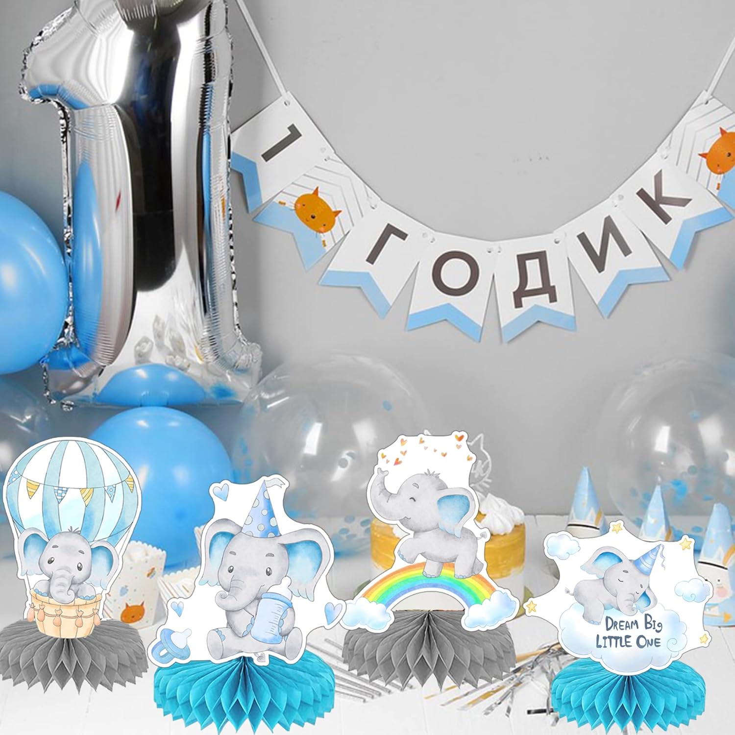 9 piezas de centro de mesa de nido de abeja de elefante azul, decoración de baby shower de elefante para niños, centros de mesa de baby shower,