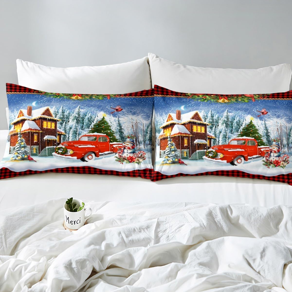 Juego de funda de edredón de Navidad para niños, tamaño King, juego de ropa de cama retro de camión rojo y vista de nieve de invierno, 3 piezas,