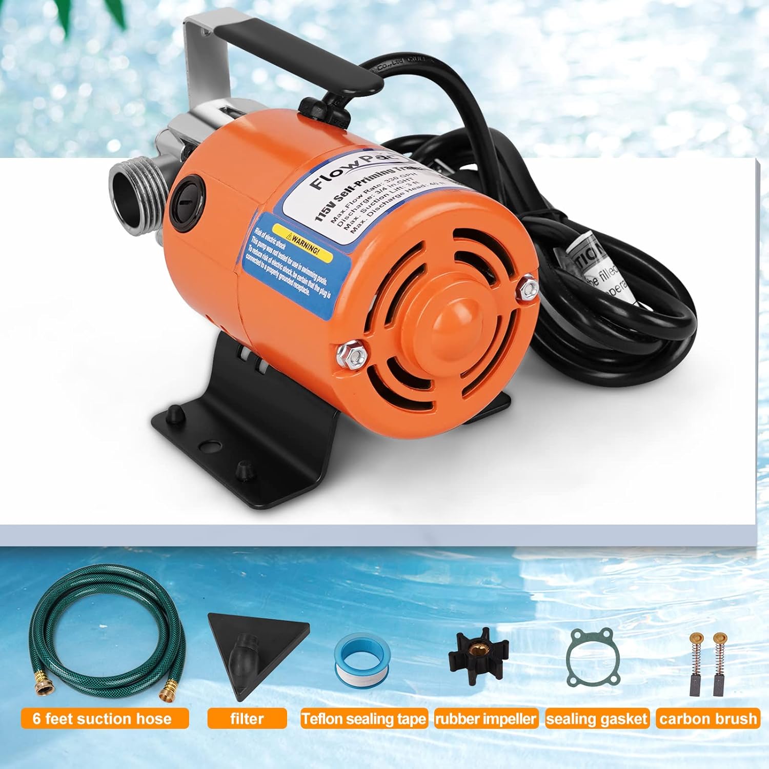 FLOWPAC Bomba de agua 115V 110 HP 330 GPH Bomba de transferencia de agua con puertos de 34 pulgadas manguera de succión e impulsor de repuesto Bomba