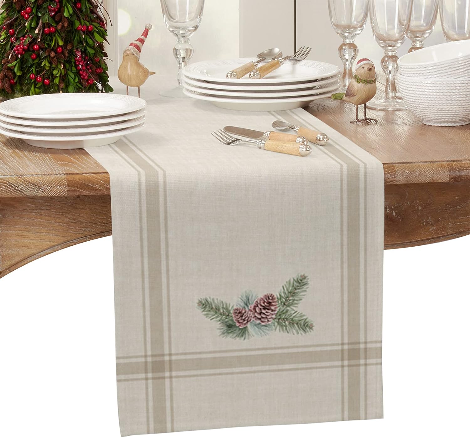 Camino de mesa largo de pino de invierno de Navidad, bodacafé, mantel estilo granja para comedor, vacaciones, fiesta, decoración interior y