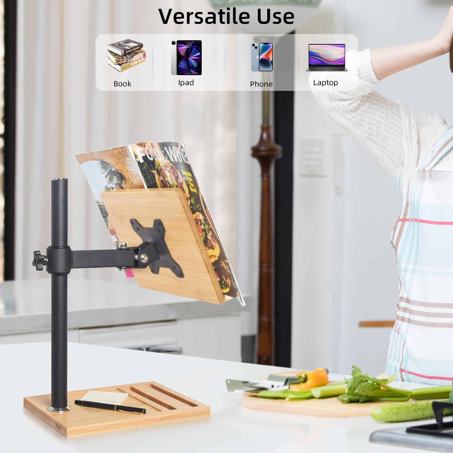 wishacc – Soporte ajustable para libros, con ranura para teléfono y clips para página, plegable para libros de cocina, partituras, laptop, receta,