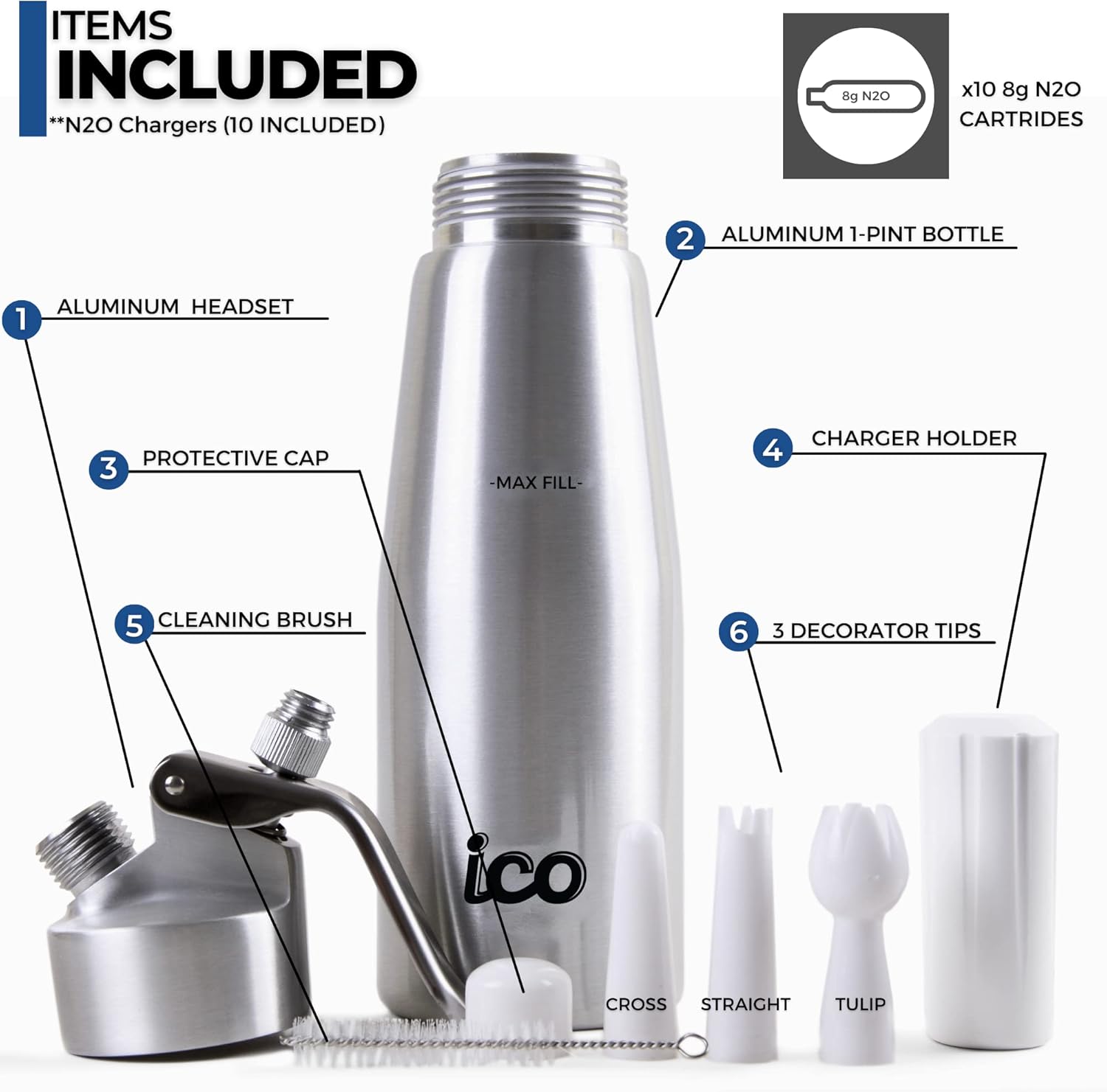 ICO – Dispensador profesional de crema batida de aluminio para crema batida casera, máquina de crema batida para postres, salsas, licores