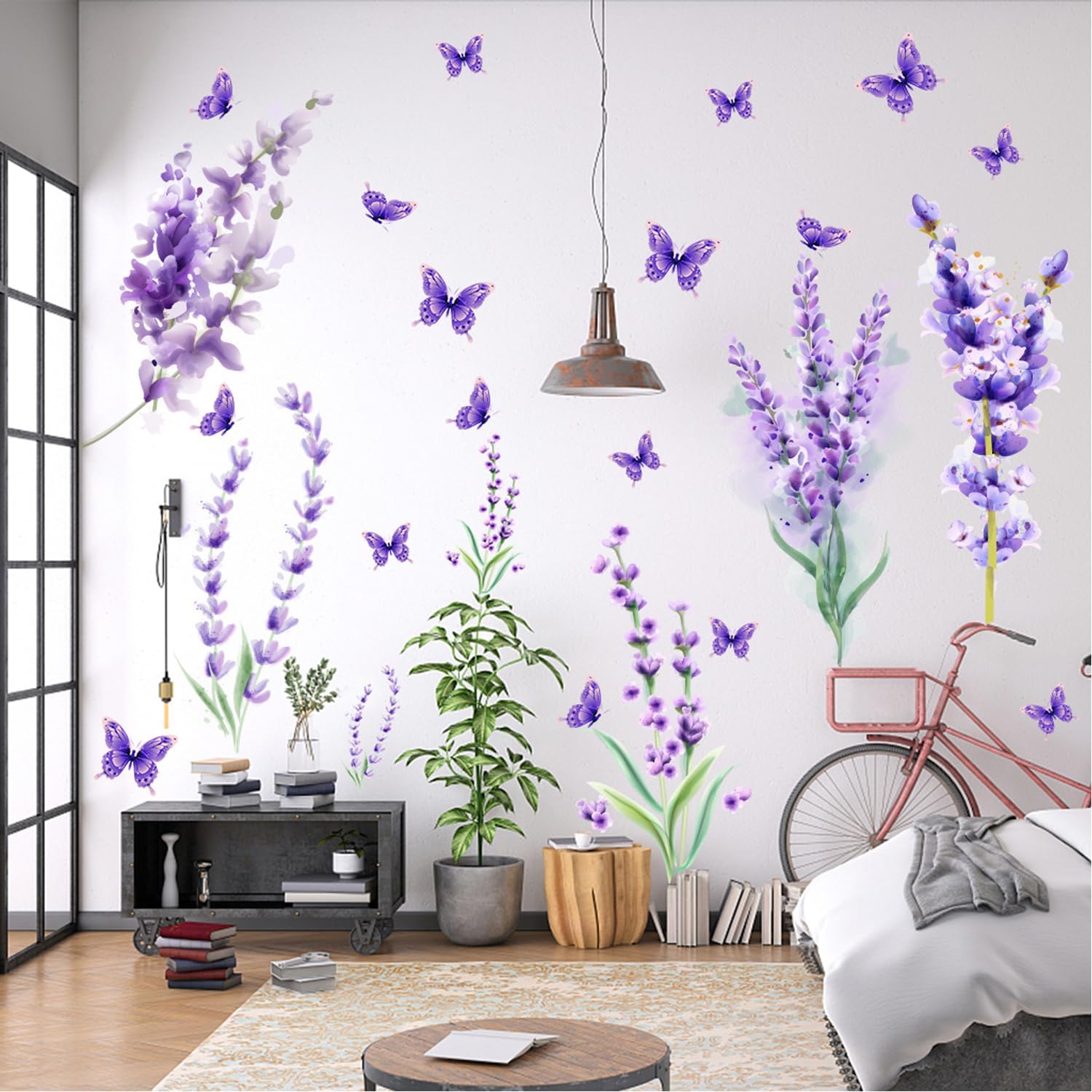 Payutou 2 hojas de calcomanías de pared de lavanda morada, flores, mariposas, bricolaje, acuarela, removibles, arte de pared para niños, niñas,