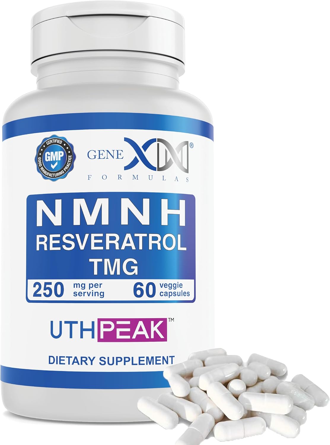 GENEX 250mg NMNH + Resveratrol + TMG (60 cápsulas – 30 porciones)  NMNH (mononucleótido de dihidronicinamida) + 98% de resveratrol + TMG para un