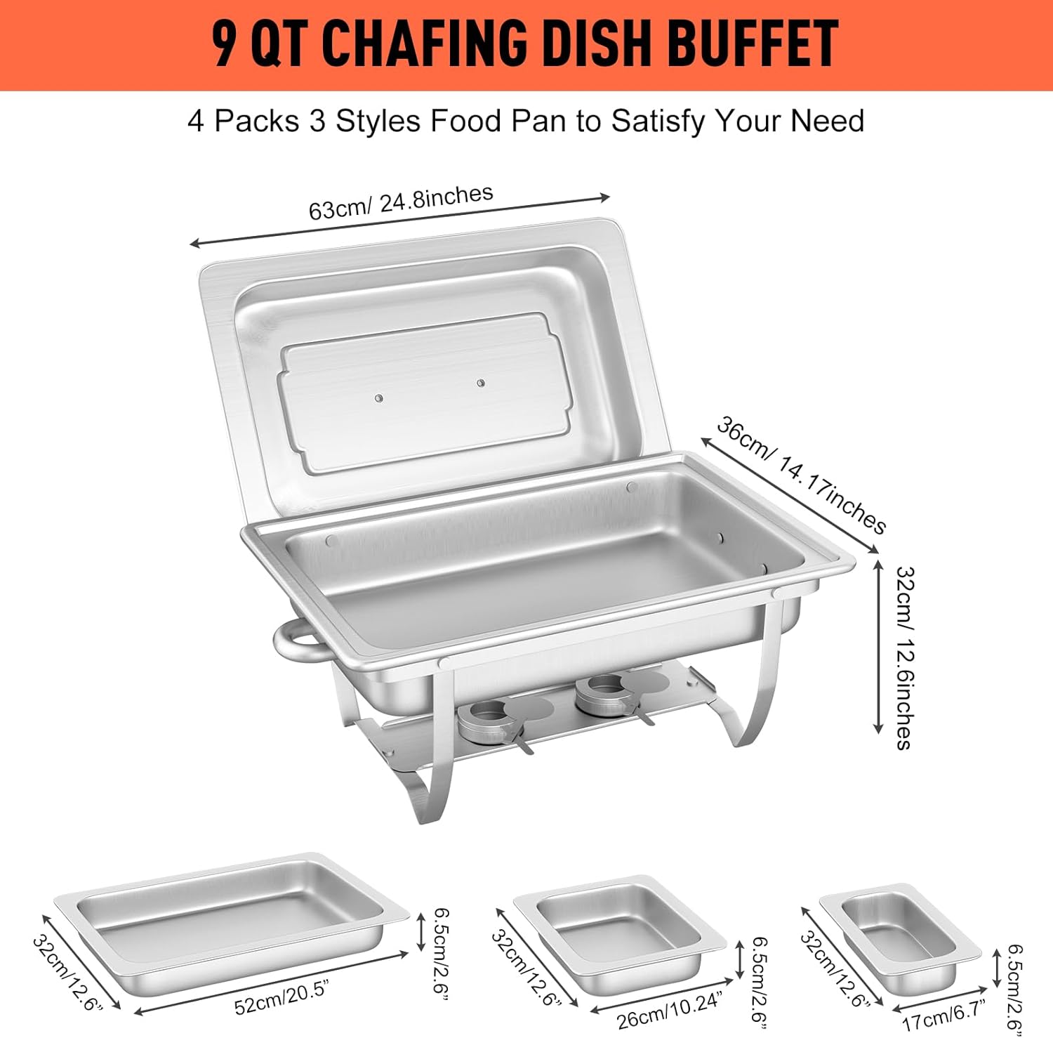 MEEZY Juego de 4 platos de bufé de 9 cuartos de galón de acero inoxidable con tamaño completo, tamaño medio, tercer tamaño, plegable, para catering,