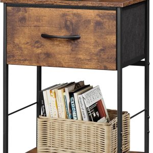 WLIVE Mesita de noche, mesita de noche para dormitorio, dormitorio con marco de acero, mesa auxiliar de noche con cajón de almacenamiento de tela, WLIVE Mesita de noche, mesita de noche para dormitorio, dormitorio con marco de acero, mesa auxiliar de noche con cajón de almacenamiento de tela,