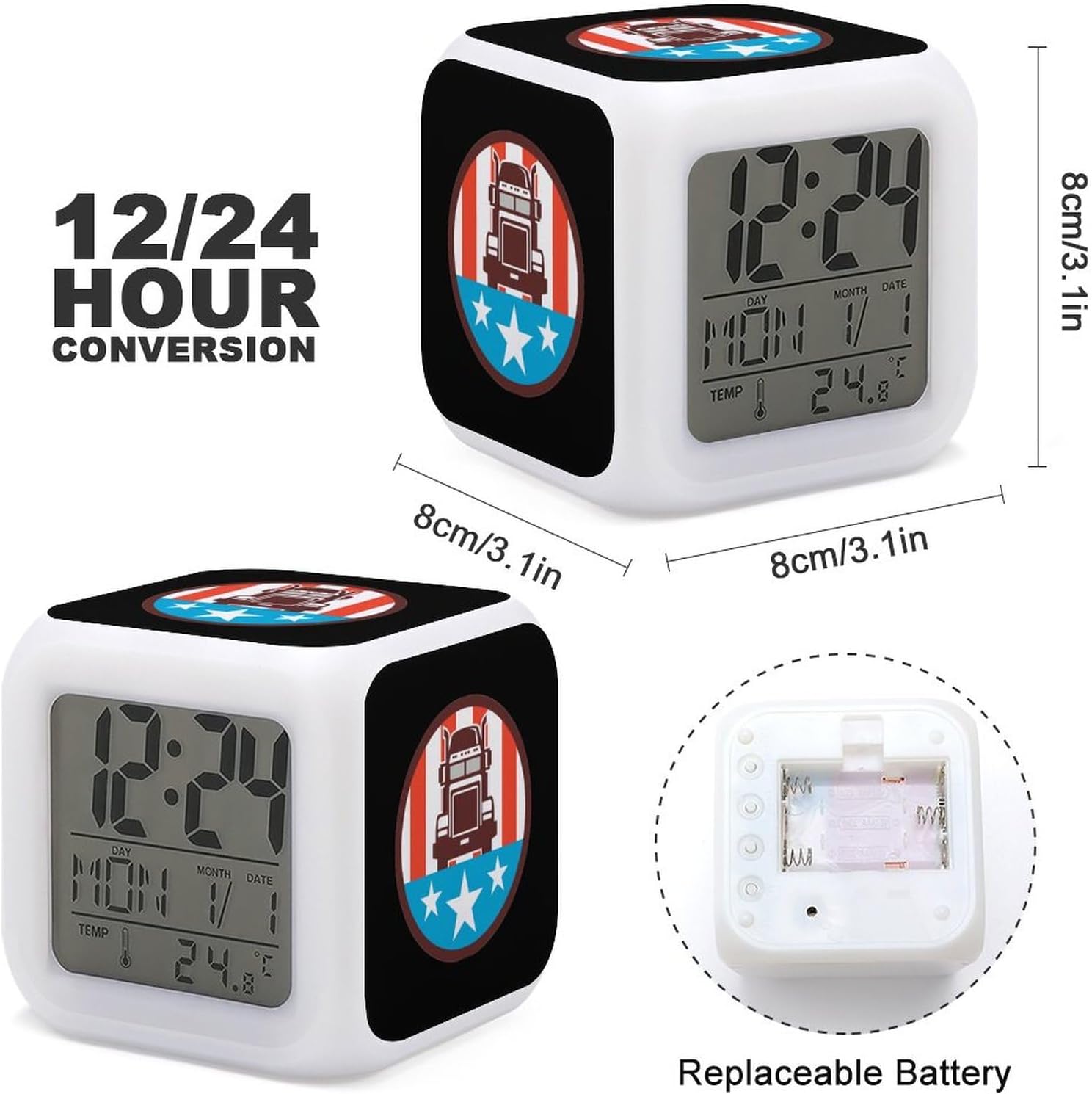 Truck USA Flag Digital Alarm Thermometer Night Glowing 7 Colors Clock with LED for Bedroom