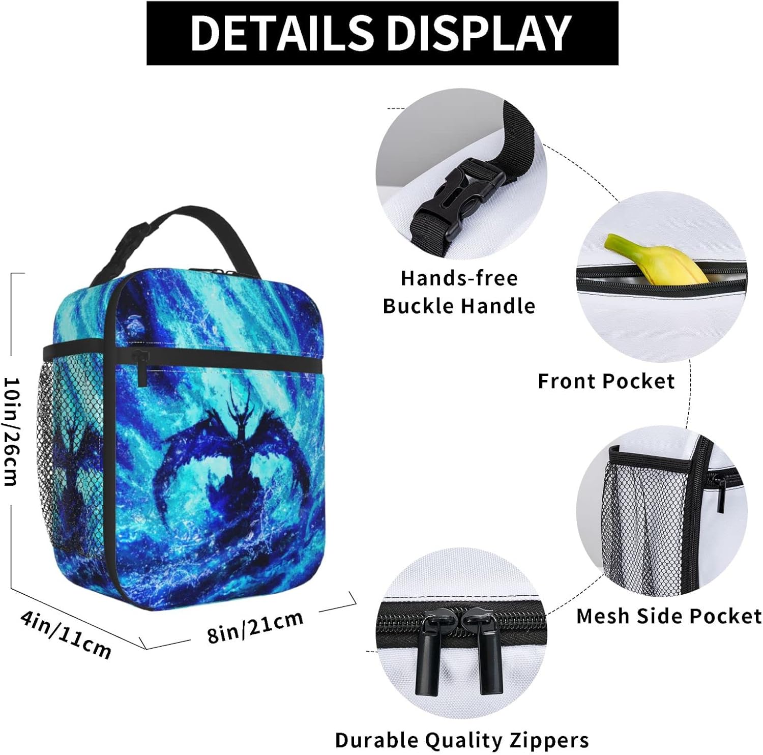 EKAZROMY Lonchera térmica con diseño de dragón azul, bolsas de almuerzo personalizadas con nombretexto impreso para adultos, niños, hombres, bolsas