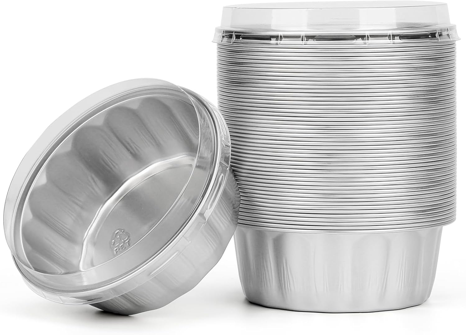 Beasea Ramequines con tapas, 8 onzas, paquete de 50 vasos de aluminio desechables para hornear, tazas de aluminio plateado, tazas de papel de