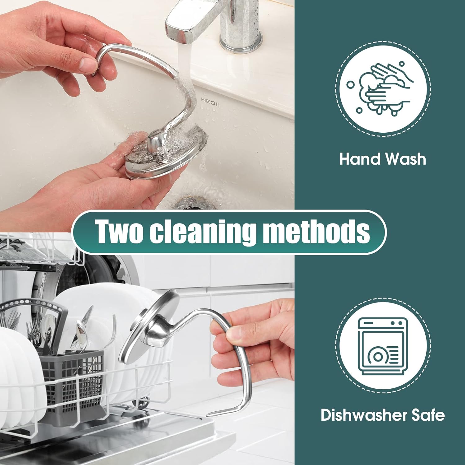 Accesorio para mezcladores, batidor de borde flexible de acero inoxidable K45DH Gancho de masa K45WW Látigo de 6 hilos para KitchenAid 4.5-5 cuartos