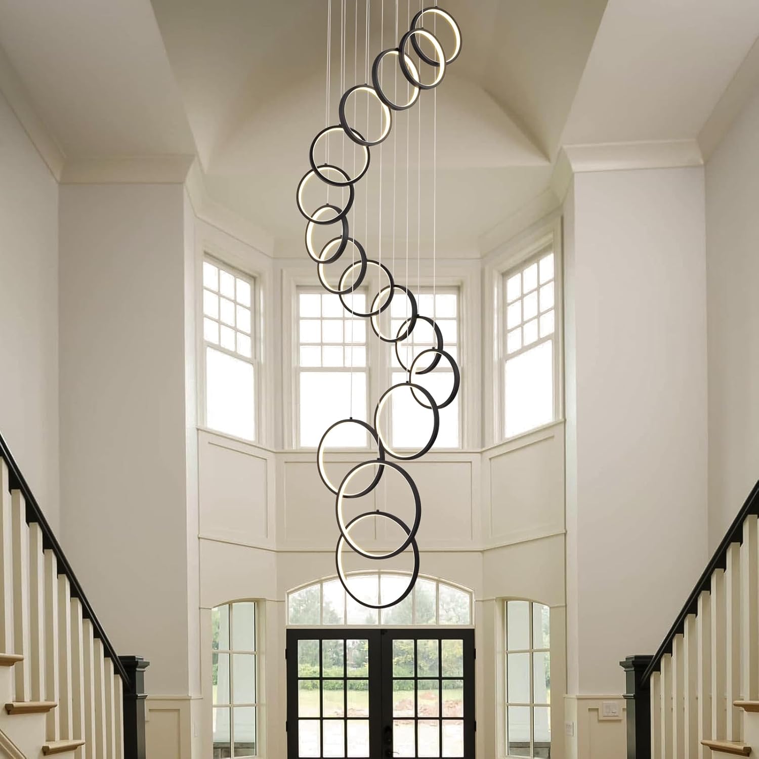 Modern Chandelier,Dimmable Black Chandelier with Remote Control 16 Rings Pendant Light Adjustable Height Hanging High Ceiling Light Fixture,for