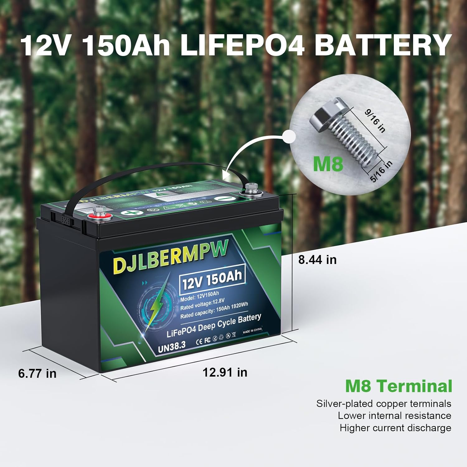 DJLBERMPW Batería de litio LiFePO4 de 12 V 150 Ah 1920 W BMS integrado, hasta 15000 ciclos y 10 años de vida útil, batería de ciclo profundo para
