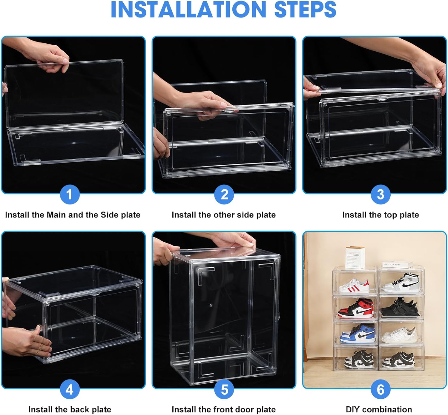 Cajas de zapatos transparentes de acrílico, cajas apilables para zapatos deportivos de alta gama, caja de exhibición 360 totalmente transparente con