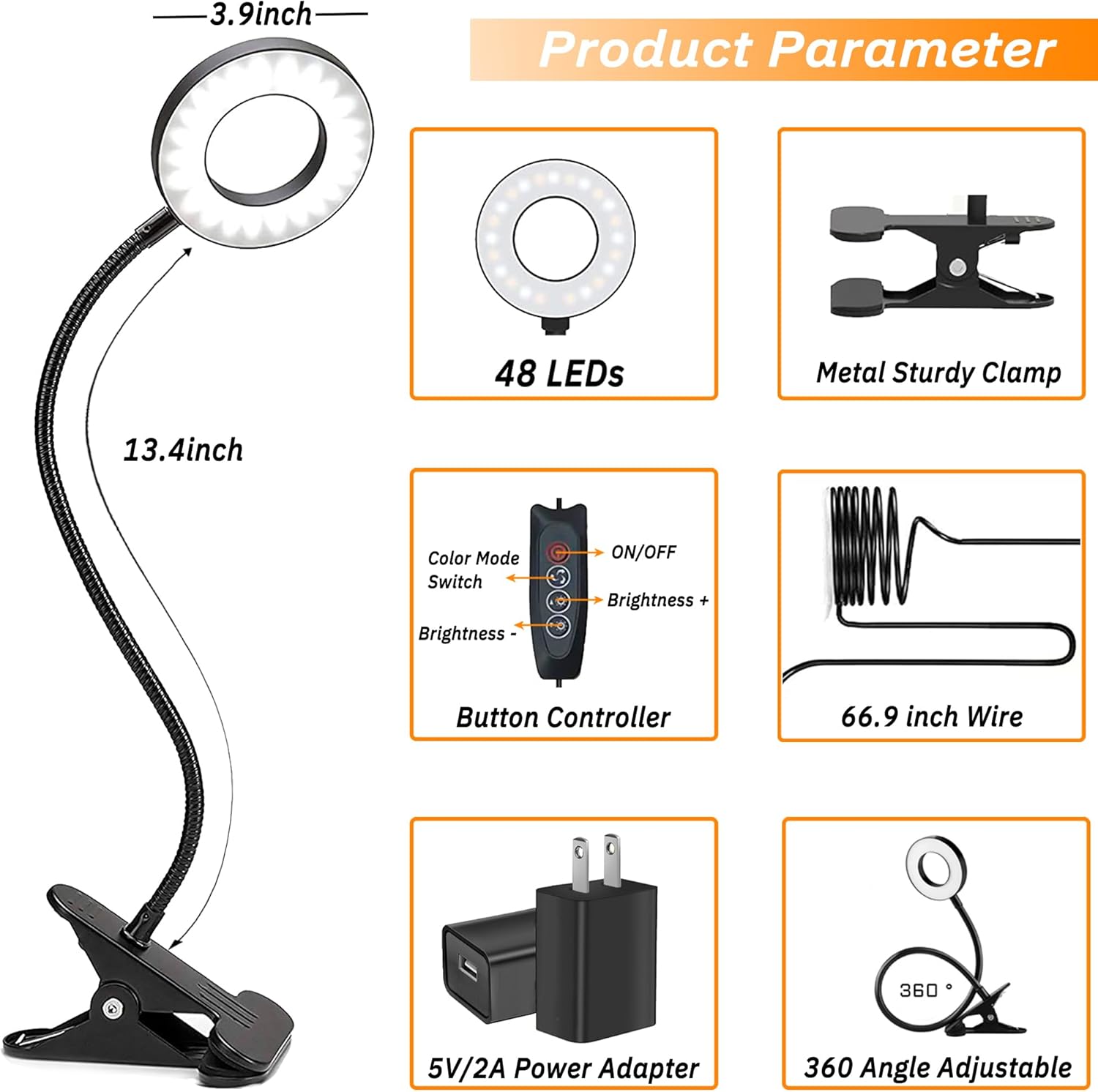 Lypumso Lámpara de escritorio, lámpara de lectura LED con clip, 3 modos de color, 10 brillo regulable, lámpara de abrazadera perfecta para el hogar,