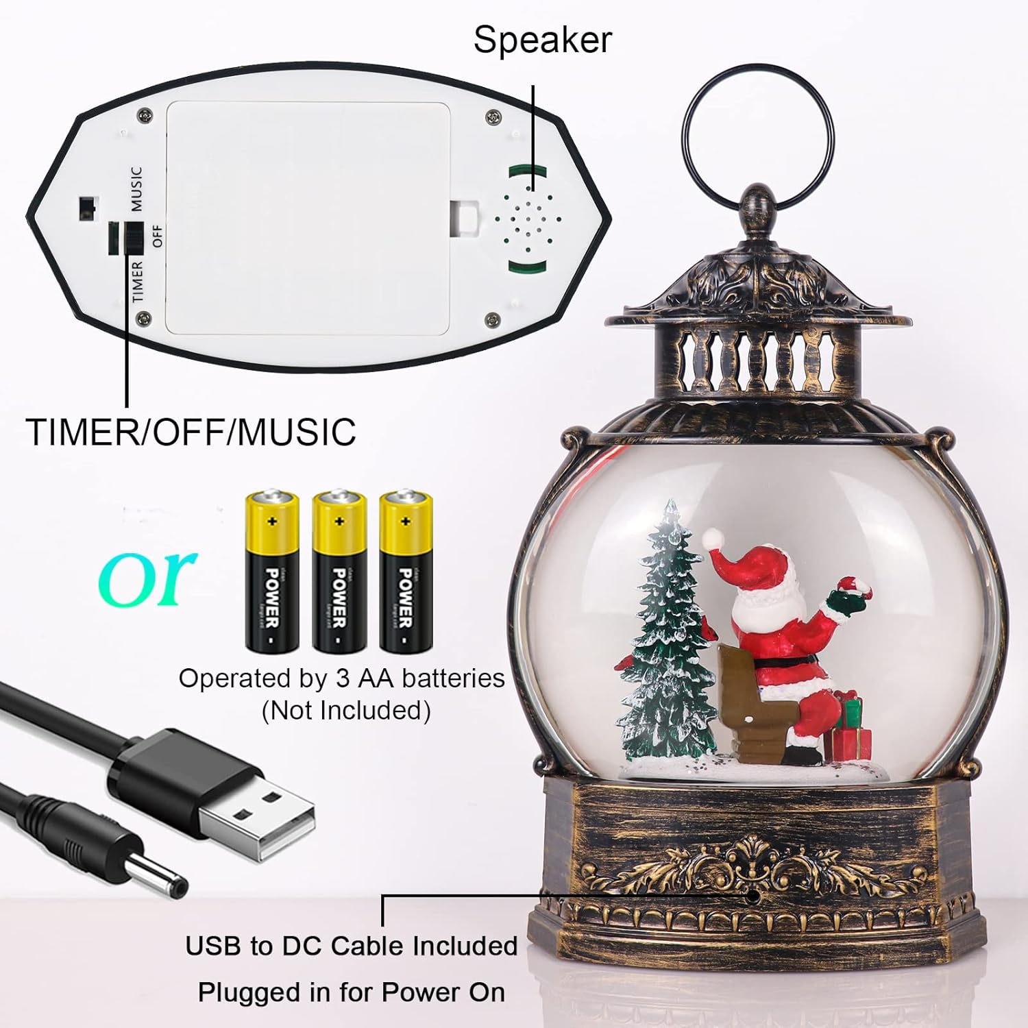 DRomance Christmas Singing Snow Globe Lantern Battery Operated USB Powered Lighted Water Glitters Music Snow Globe Holiday Decoration for Women