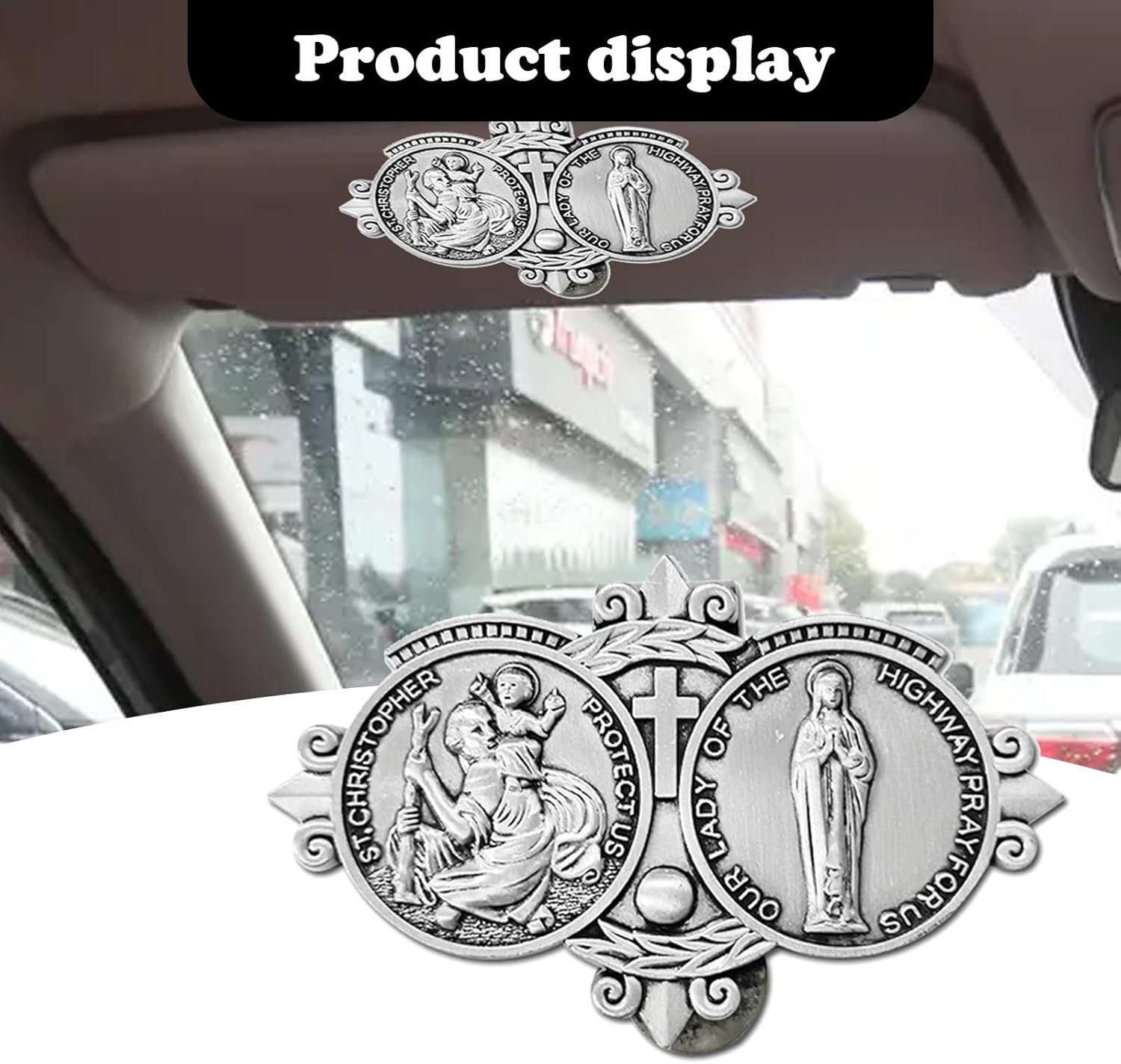 QODOLSI 4 clips para visera de automóvil con San Cristóbal, decoración metálica para visera de vehículo de Nuestra Señora de la Autopista,